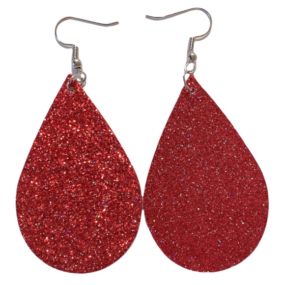 Jewelry - 🖤Pick Any 3 for $12🖤 Faux Leather Teardrop Earrings Red Fine Sparkle